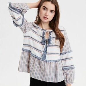 American Eagle boho top, linen cotton ,fringes,tassels,striped,twee,fun,festival